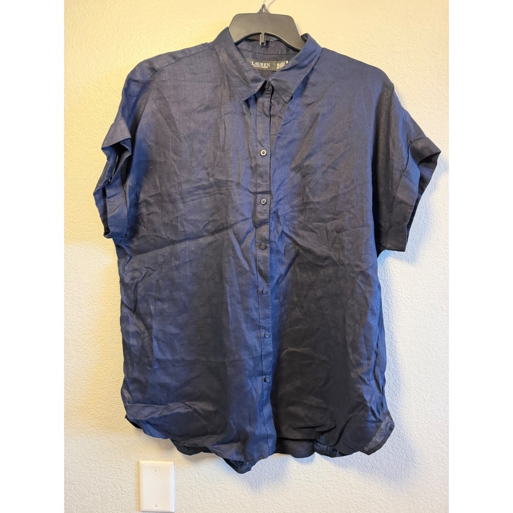 Lauren Ralph Lauren Navy Blue 100% Linen Short Sleeve Button Down Shirt XXL